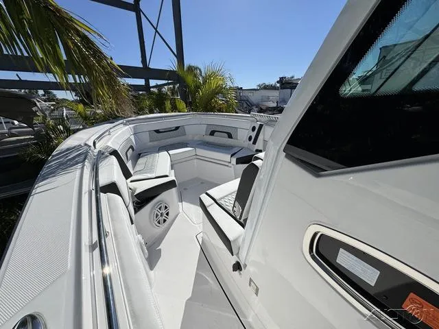 Slide: The Image of 2025 Blackfin 272CC boat interior with sleek seating and modern design. - 27