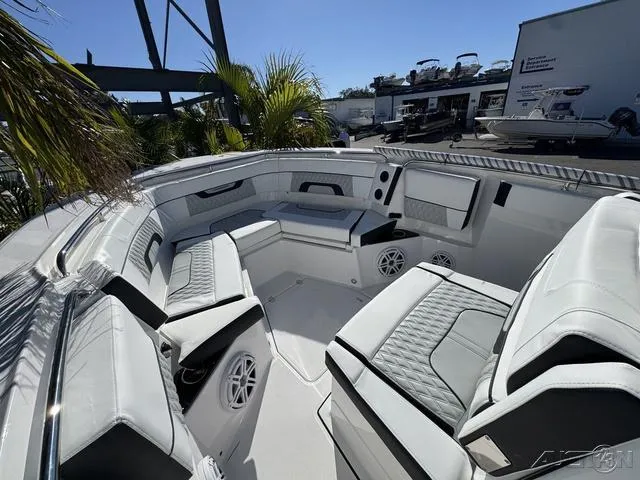 Slide: The Image of 2025 Blackfin 272CC boat interior with luxurious seating and modern design. - 28