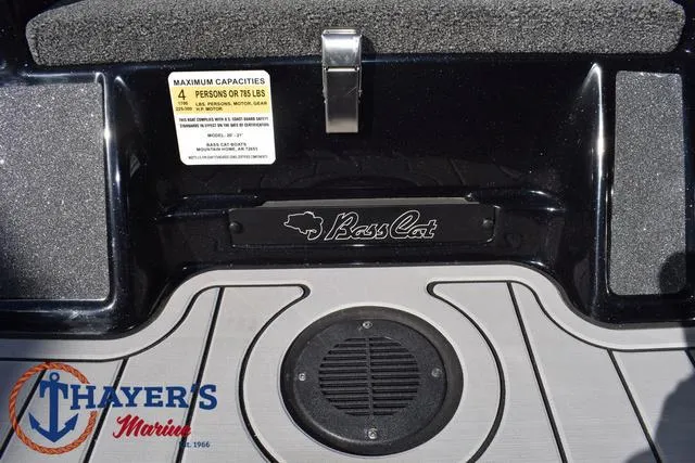 Slide: The Image of 2025 Bass Cat Cougar FTD boat deck with Thayer's Marine logo and capacity label. - 28