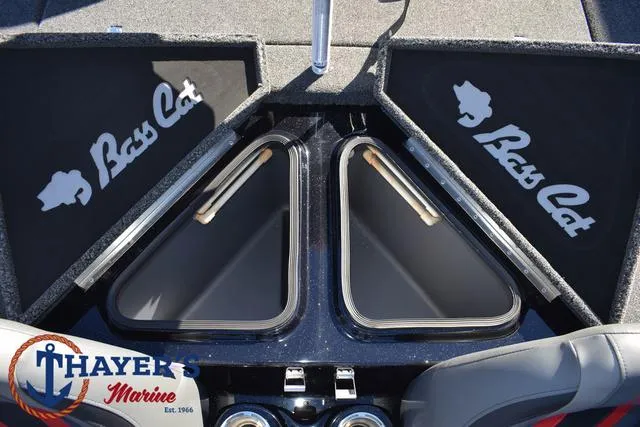 Slide: The Image of 2025 Bass Cat Cougar FTD boat storage compartments at Thayer's Marine. - 39