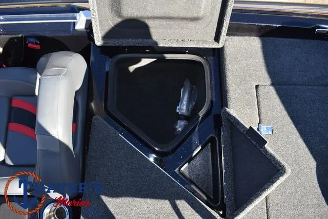 Slide: The Image of 2025 Bass Cat Cougar FTD boat storage compartments and seating detail. - 41