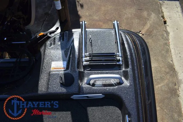 Slide: The Image of Bass Cat Cougar FTD 2025 boat deck with ladder and Thayer's Marine logo. - 22