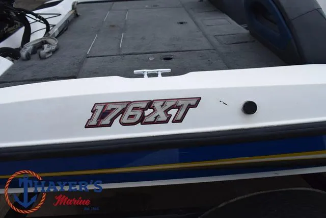 Slide: The Image of 2007 Stratos 176XT boat deck with Thayer's Marine logo. - 5