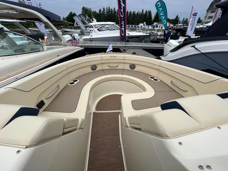 Slide: The Image of 2025 Chris-Craft Launch 35 GT boat interior with luxurious seating and elegant design. - 23