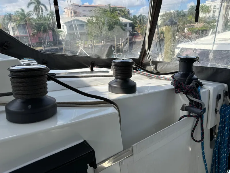 Slide: The Image of Fountaine Pajot Elba 45 sailboat deck with winches and ropes, 2020 model. - 13