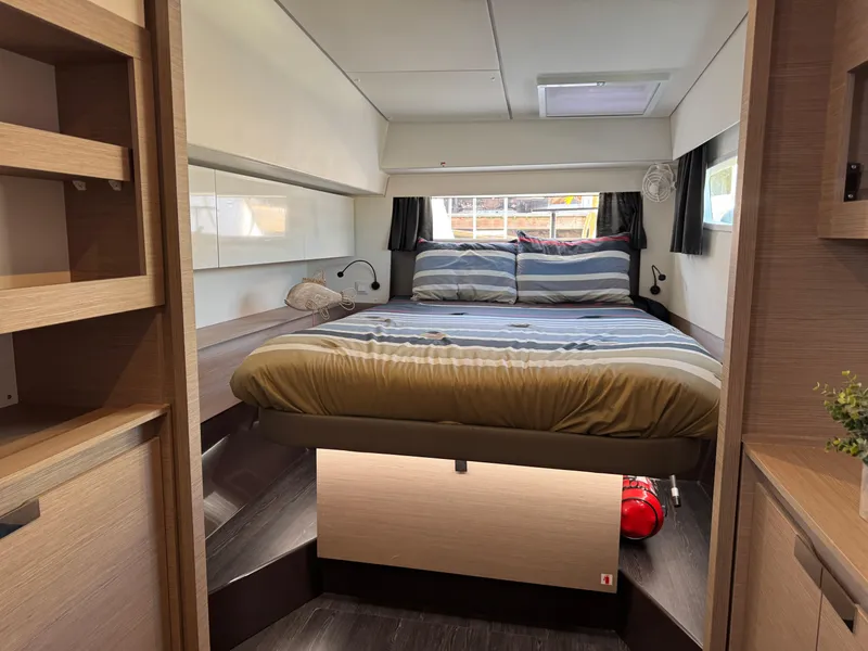 Slide: The Image of Luxurious cabin interior of 2020 Fountaine Pajot Elba 45 catamaran with cozy bed and modern design. - 36