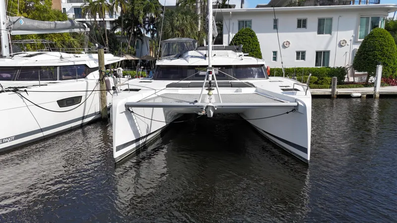 Slide: The Image of 2020 Fountaine Pajot Elba 45 catamaran docked in marina, front view. - 5