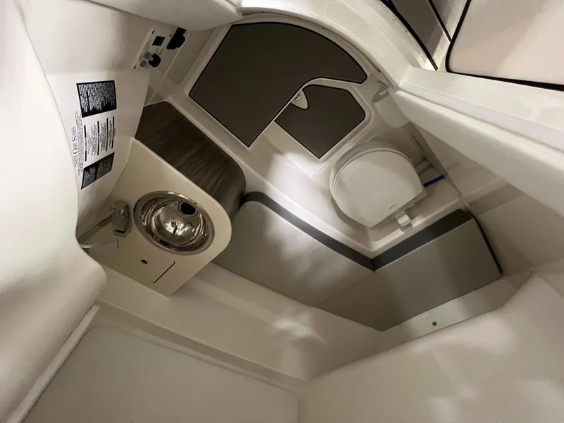 Slide: The Image of 2025 Sea Ray SDX 250 Surf boat interior with sink and toilet. - 14