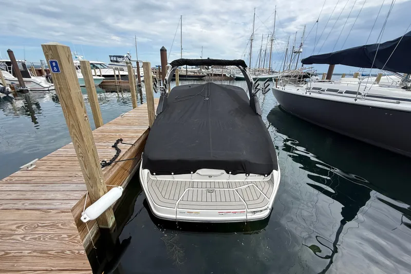 Slide: The Image of 2025 Sea Ray SDX 250 Surf boat docked, covered, at a marina with sailboats nearby. - 16