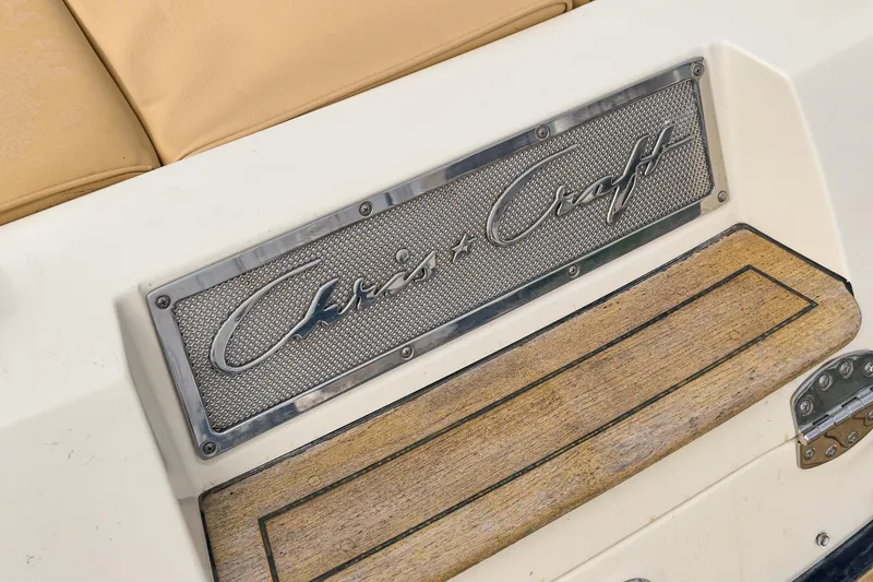 Slide: The Image of Chris-Craft Corsair 28 boat emblem and step detail, 2012 model. - 22