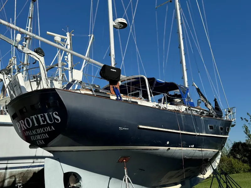 Slide: The Image of 1983 Islander Freeport sailboat "Proteus" in dry dock, Apalachicola, Florida. - 2