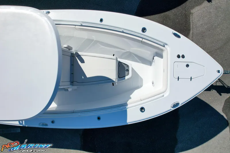 Slide: The Image of 2025 Sea Hunt Gamefish 27 with Coffin Box, aerial view of sleek white deck design. - 11
