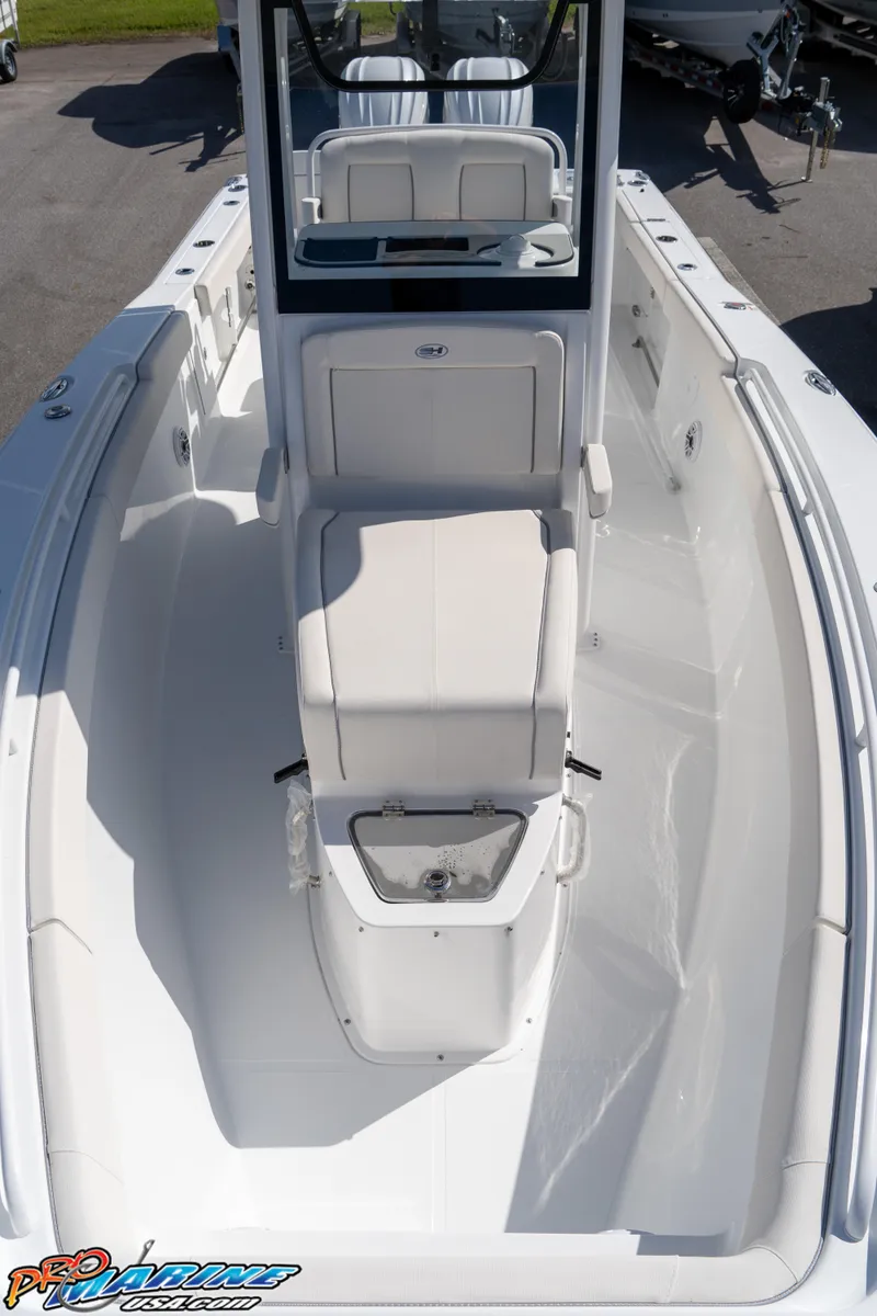 Slide: The Image of 2025 Sea Hunt Gamefish 27 boat with coffin box, white interior, top view. - 45