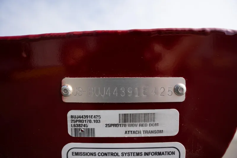 Slide: The Image of 2025 Bass Tracker Pro Team 170 hull identification number and emissions label. - 15