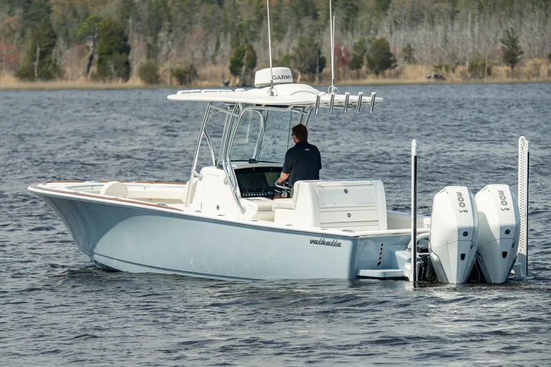 Slide: The Image of 2025 Valhalla Boatworks V-29 Hybrid on a serene lake, featuring dual engines. - 18