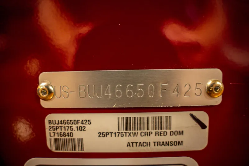 Slide: The Image of Bass Tracker Pro Team 175, 2025 model, serial number plate and barcode details. - 18