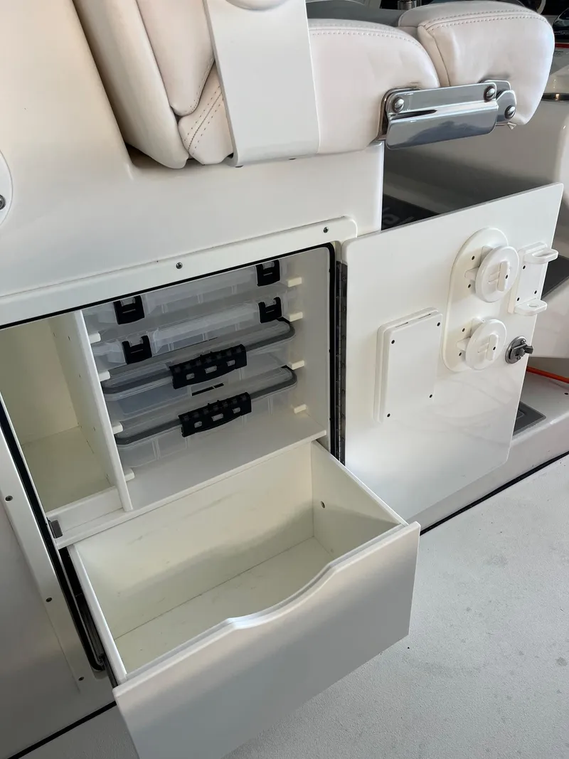 Slide: The Image of Tideline 365 boat storage compartment with open drawers, 2021 model. - 42