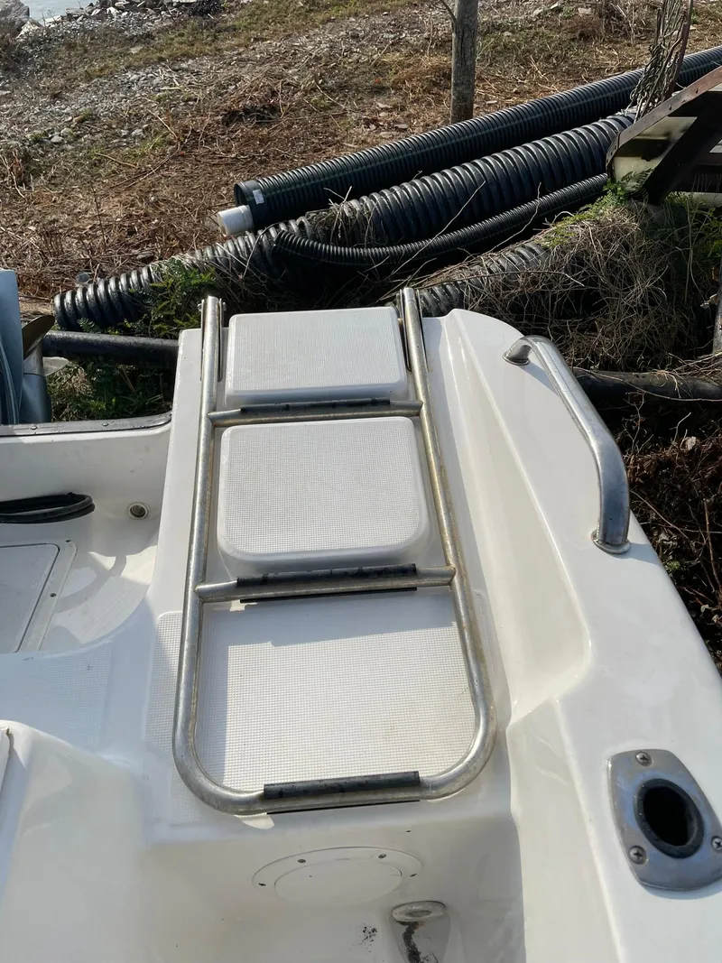 Slide: The Image of Edgewater 247CC 2000 boat ladder on deck, near coiled hoses and grass. - 16
