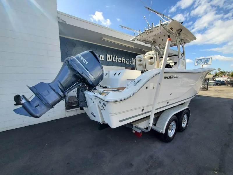Slide: The Image of 2018 Sea Fox 266 Commander boat on trailer with Yamaha outboard motor. - 2
