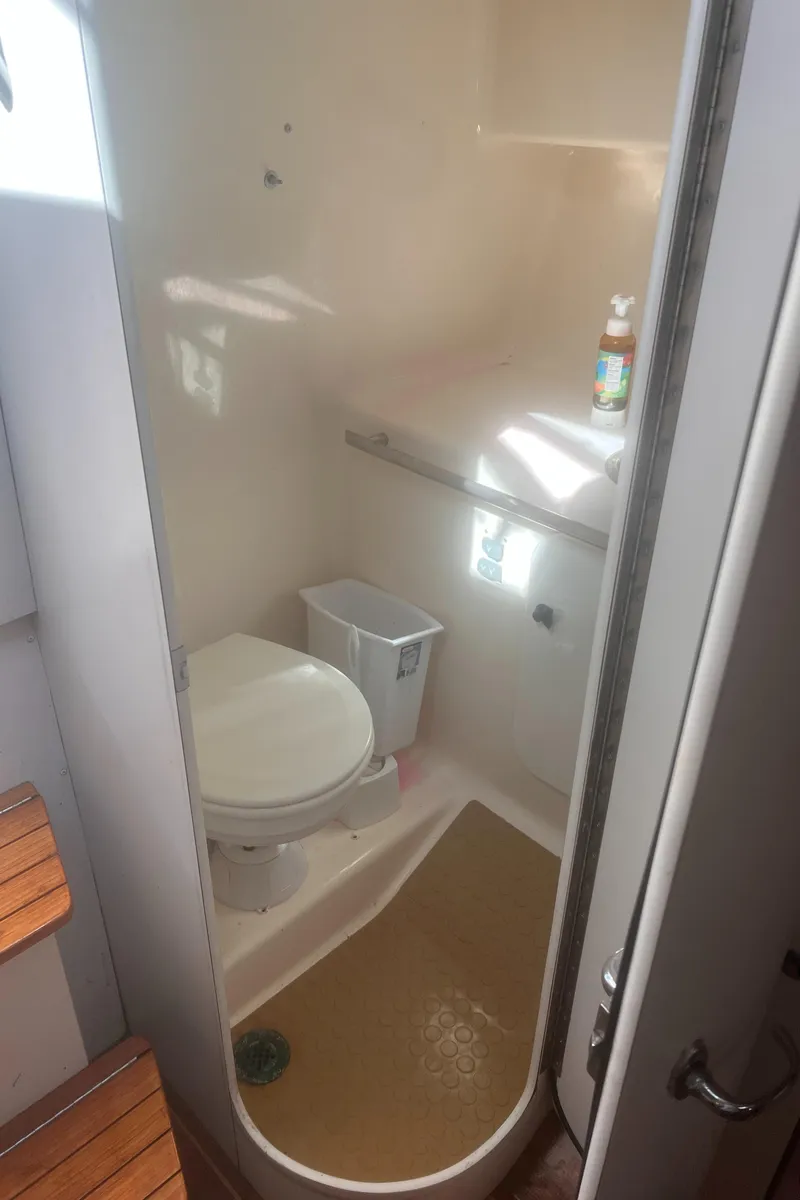 Slide: The Image of 1995 Tiara Yachts 2900 Open bathroom with toilet and shower area. - 29