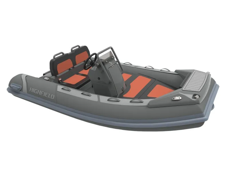 Slide: The Image of 2024 Highfield Sport 330 inflatable boat with gray and orange seating. - 0
