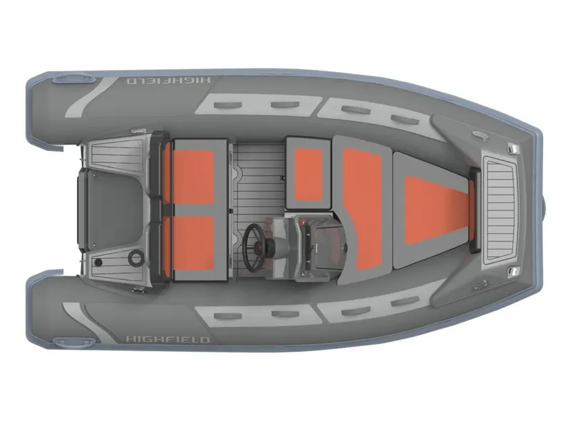 Slide: The Image of 2024 Highfield Sport 330 boat, top view, gray and orange design. - 1