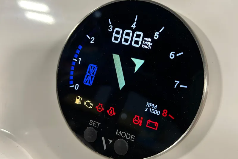 Slide: The Image of Digital dashboard of 2024 Highfield Sport 330 showing speed and RPM indicators. - 3