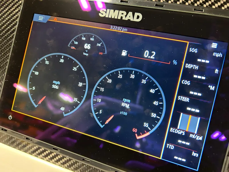 Slide: The Image of Simrad display on 2025 Highfield Sport 420 showing speed, RPM, and navigation data. - 10