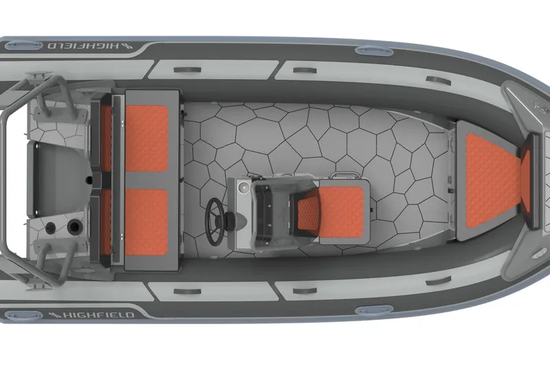 Slide: The Image of Top view of 2026 Highfield Sport 420 boat with orange seating and hexagonal flooring. - 23