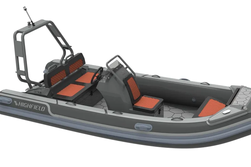 Slide: The Image of 2026 Highfield Sport 420 boat with modern design and orange seating accents. - 24