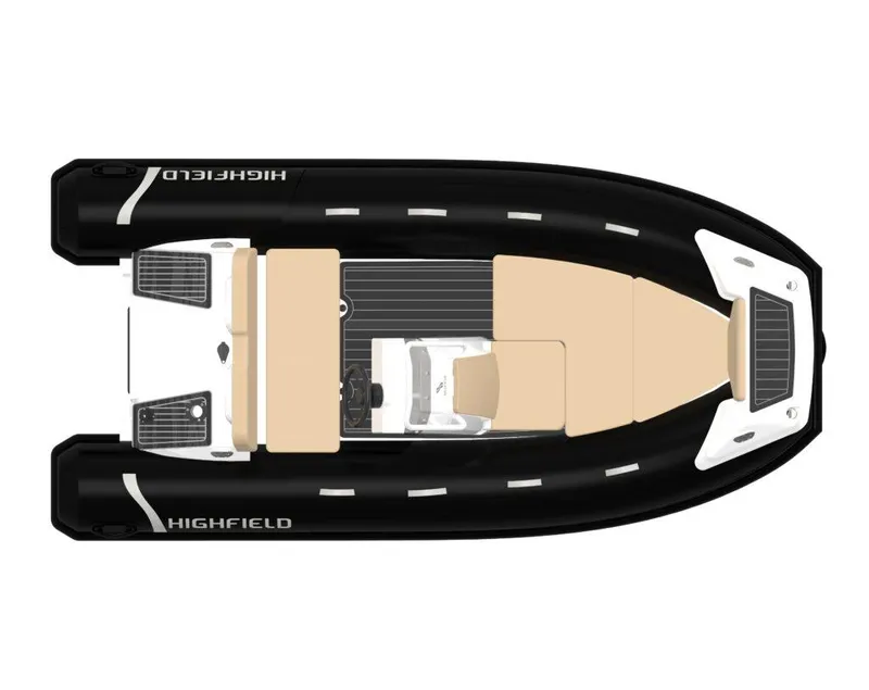 Slide: The Image of 2025 Highfield Sport 390 boat, top view, black and beige design. - 9