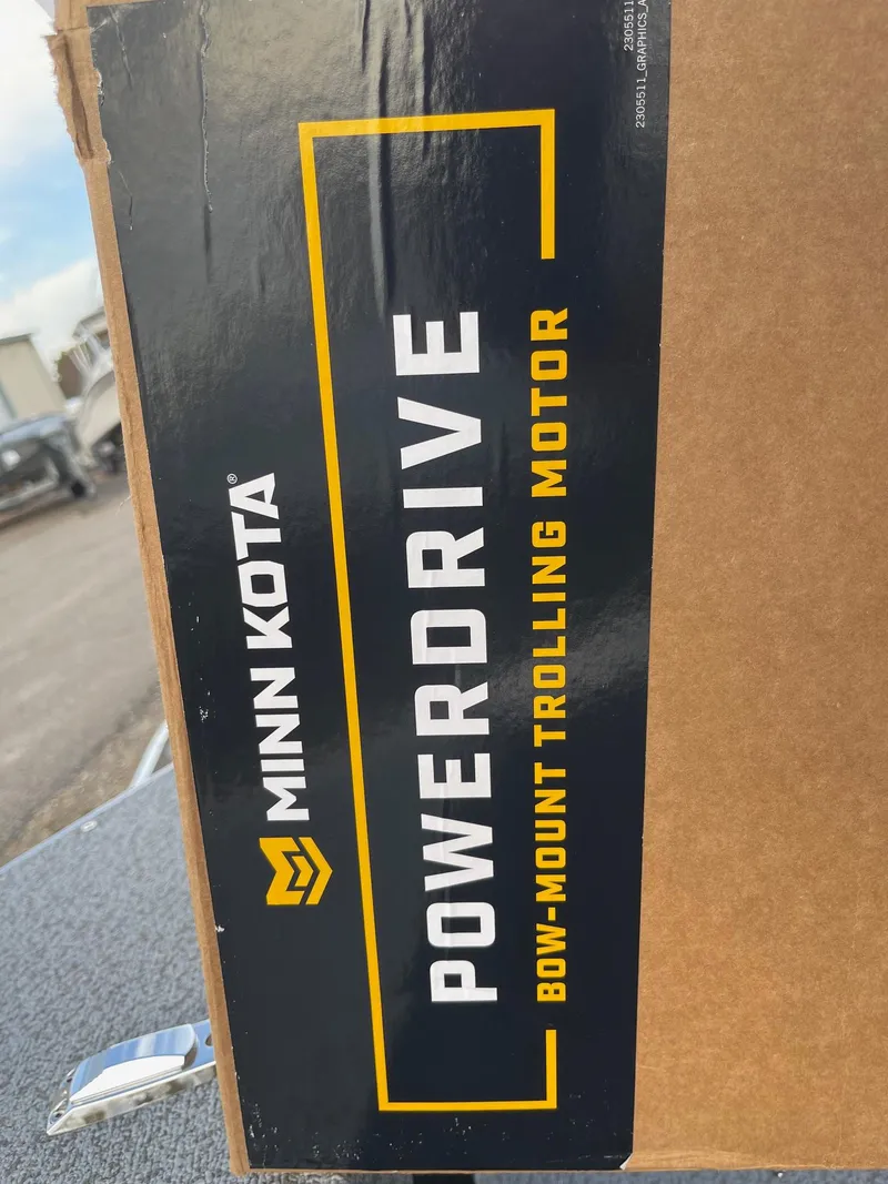 Slide: The Image of Minn Kota PowerDrive bow-mount trolling motor packaging on Lund 1400 Fury SS, 2025 model. - 17