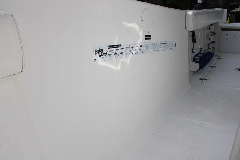 Slide: The Image of 2009 Sea Fox 256CC Pro Series boat interior with measurement sticker. - 28