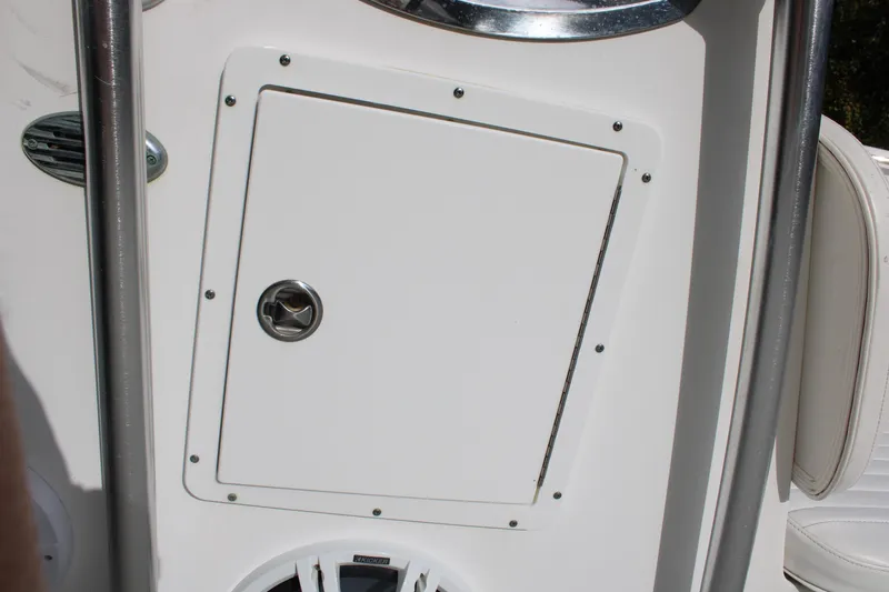 Slide: The Image of 2009 Sea Fox 256CC Pro Series boat console with storage compartment and speaker. - 30