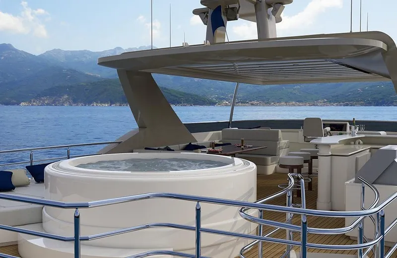 Slide: The Image of Luxurious 2017 Burger 104 Motor Yacht with jacuzzi on deck, scenic ocean view. - 23