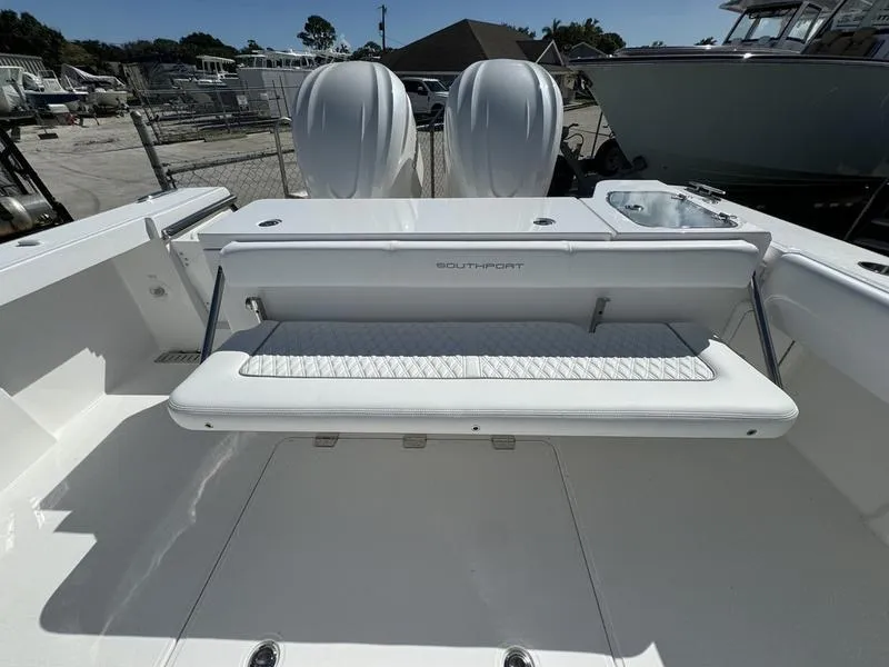 Slide: The Image of 2025 Southport 30 FE boat with foldable seating and dual engines. - 40