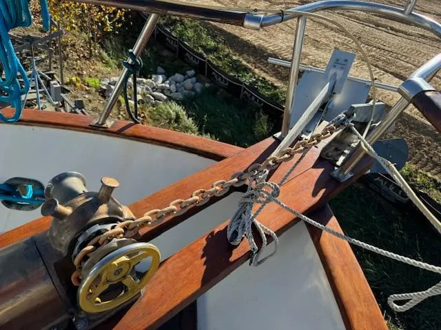 Slide: The Image of Anchor chain and windlass on 1983 DeFever 41 Trawler deck. - 16