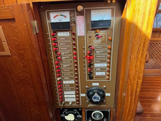 Slide: The Image of Electrical panel of a 1983 DeFever 41 Trawler with labeled switches and meters. - 40