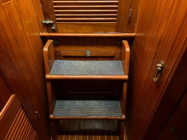 Slide: The Image of Wooden interior stairs on 1983 DeFever 41 Trawler yacht. - 48