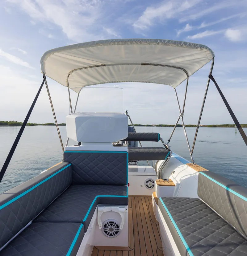 Slide: The Image of 2025 Novurania Catamaran 20 with canopy, spacious seating, and serene water backdrop. - 5