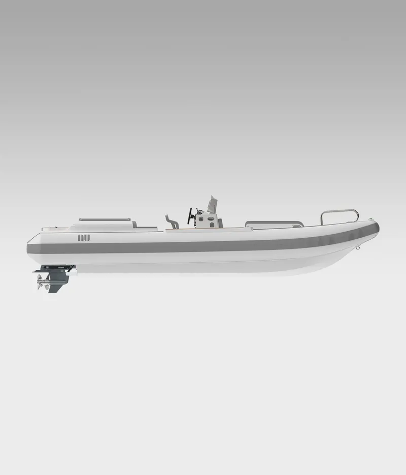 Slide: The Image of 2025 Novurania Catamaran 24, sleek design, side view, gray gradient background. - 0