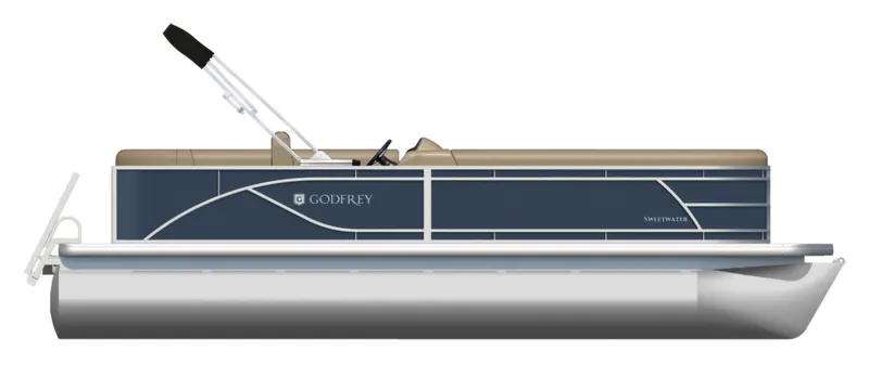 Slide: The Image of 2025 Godfrey Sweetwater 2086 C pontoon boat, side view, sleek design, blue and beige colors. - 33