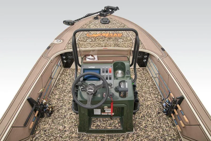 Slide: The Image of 2025 Mako Pro Skiff 18 Backwater Edition with camo interior and fishing gear. - 40