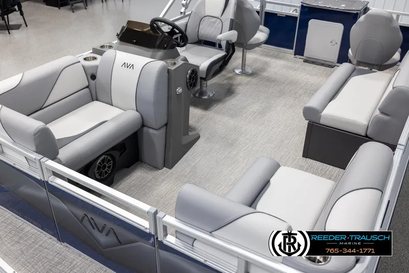 Slide: The Image of Luxurious interior of 2025 Avalon VEN RF pontoon boat with plush seating and modern design. - 10