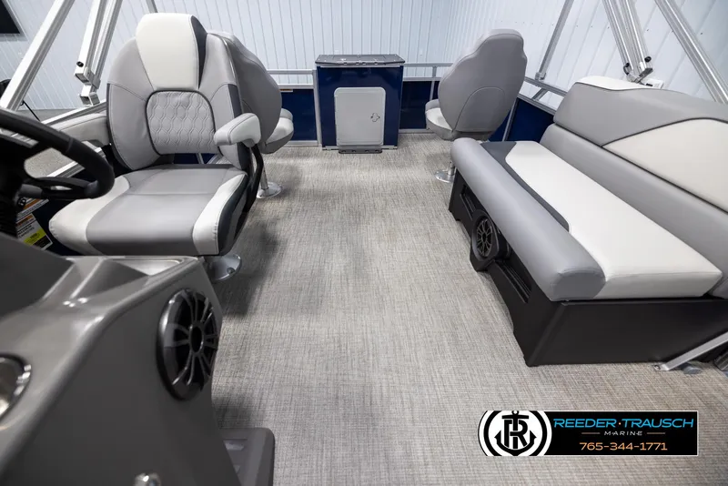 Slide: The Image of Interior of 2025 Avalon VEN RF boat with modern seating and sleek design. - 14