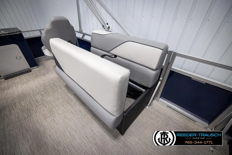 Slide: The Image of Interior of 2025 Avalon VEN RF boat with modern seating and sleek design. - 21