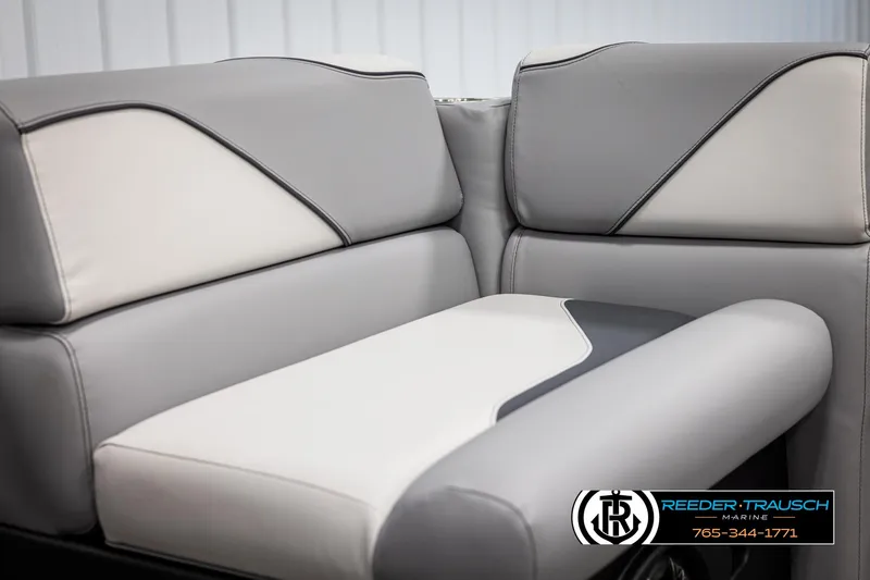 Slide: The Image of Luxurious seating in 2025 Avalon VEN RF boat, featuring sleek gray and white upholstery. - 34
