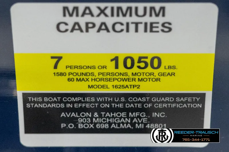 Slide: The Image of 2025 Avalon VEN RF boat capacity label: 7 persons or 1050 lbs, 60 HP motor max. - 47