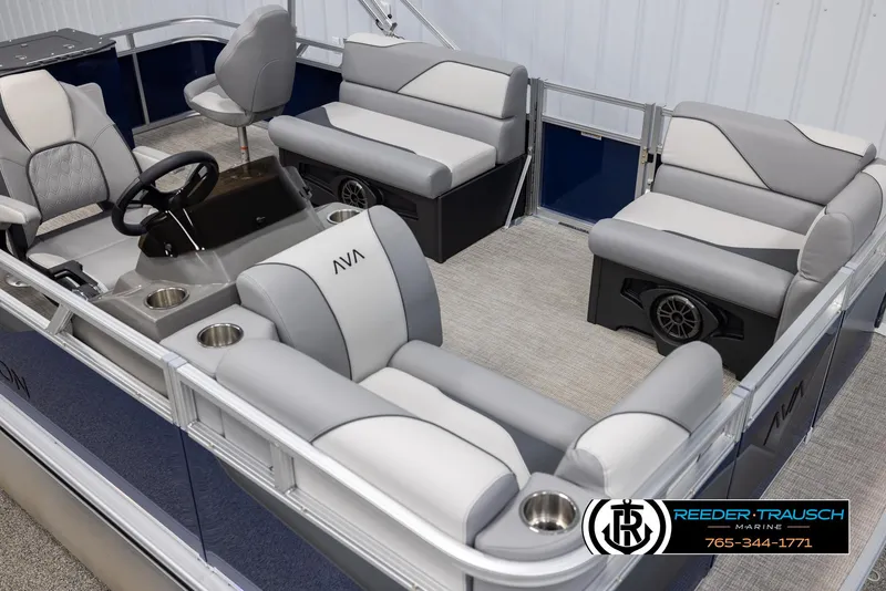 Slide: The Image of 2025 Avalon VEN RF pontoon boat interior with plush seating and modern design. - 9