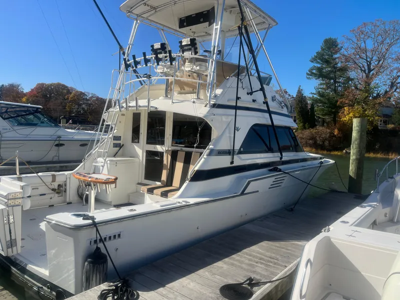 The Image of 1993 Bertram 37 Convertible yacht docked, featuring a spacious deck and flybridge. - 0